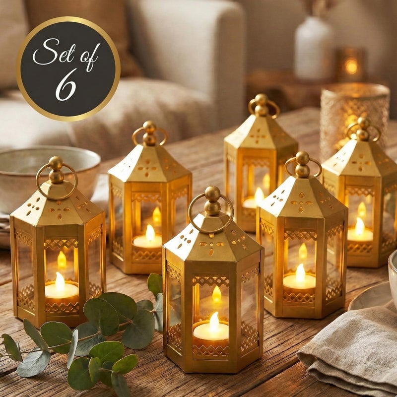 Vela Lanterns Mini Small 4.5 Inch Metal Moroccan Lantern Decorative Candle Tealight Holder for Centerpieces, Home Decor, Weddings, Gold, Set of 6 - Image 2